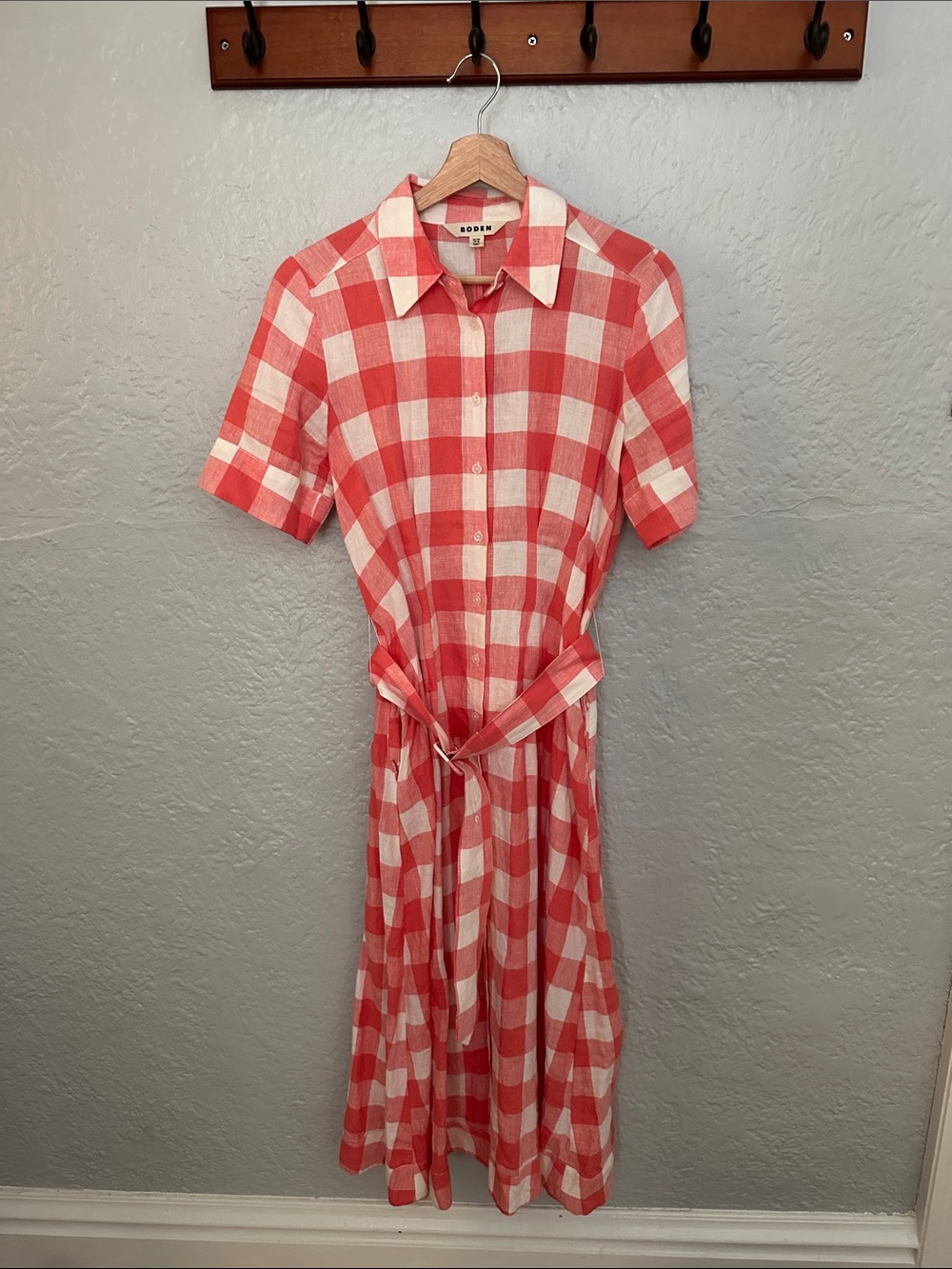 Boden Gingham Rose Red Louise 100% Linen Midi Shirt Dress - Picture 4 of 11